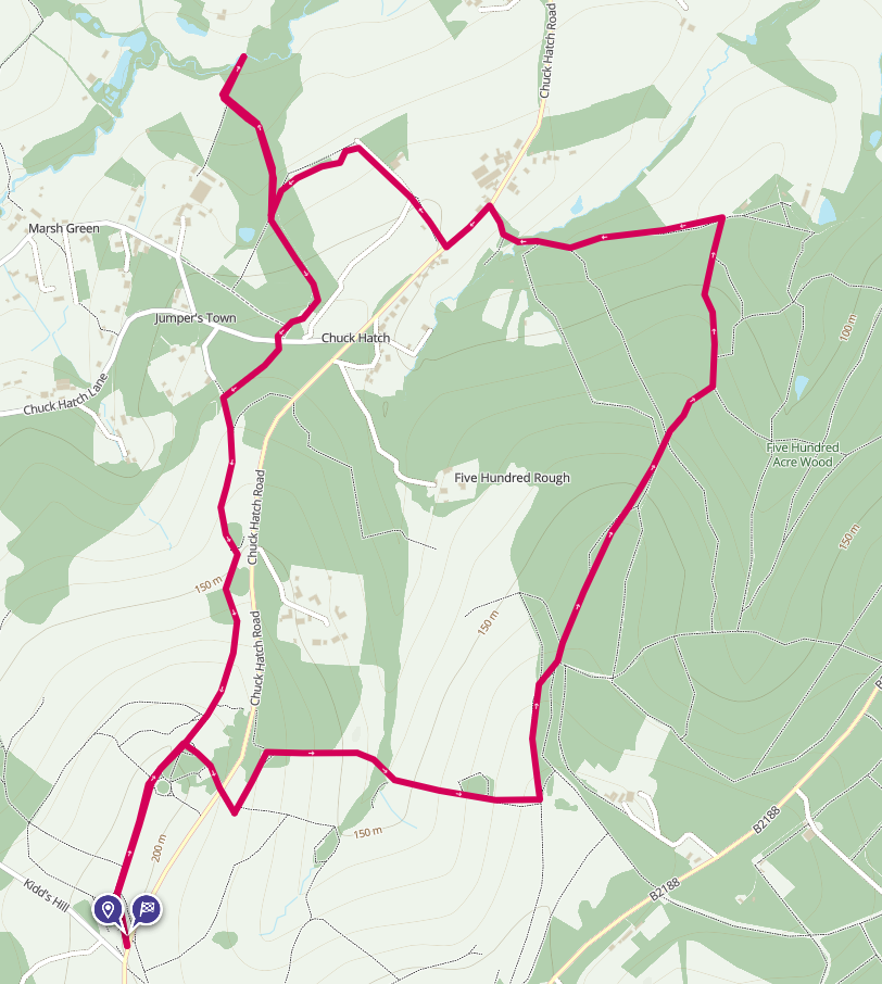 A map of a circular route around Ashdown forest starting from the top of Kidd's Hill, aka "The Wall".